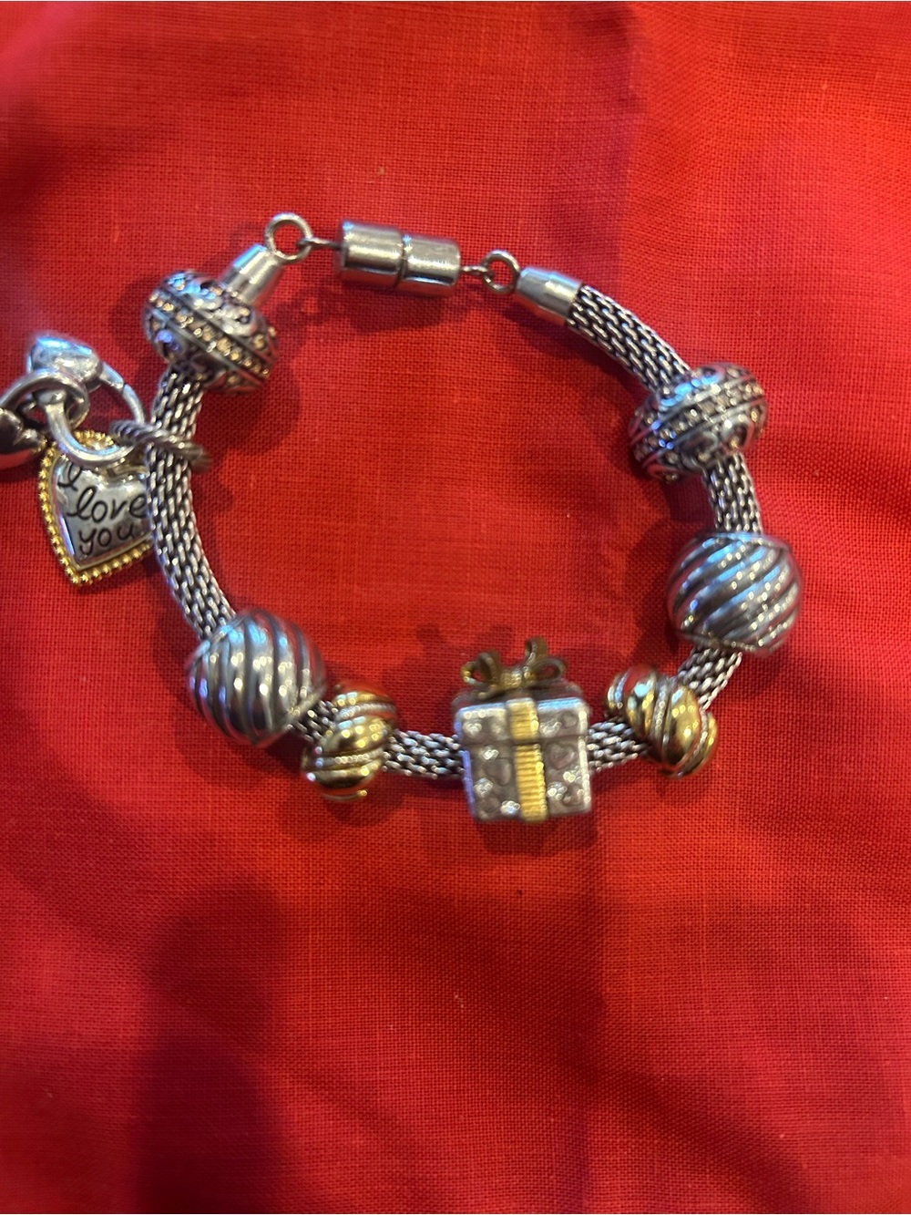 Pandora Two-Tone Silver and Gold Charm Bracelet with Gift and 'Love You' Heart